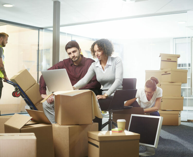 A business owner sits amongst his moving in boxes , waiting for the removal team to bring the desks . An interior designer is showing him the modifications needed as building contractor brings in various fixtures and fittings for the new office layout . They are looking at the layout plans and computer drawings . In the background her colleague is checking the files.