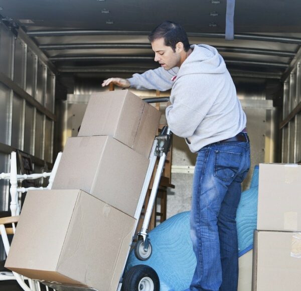 Mid adult man (30s) standing in moving truck, moving boxes.