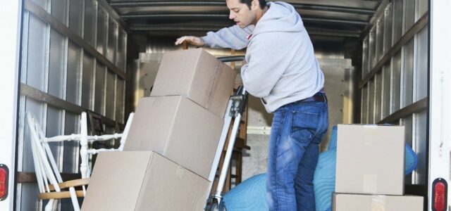 Mid adult man (30s) standing in moving truck, moving boxes.