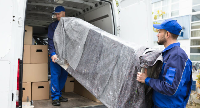 Two Young Delivery Men In Uniform Unloading Furniture From Vehicle