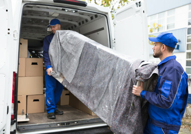 Two Delivery Men Unloading Furniture From Vehicle Two Young Delivery Men In Uniform Unloading Furniture From Vehicle